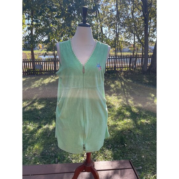 Sleeveless Green Terry Cloth Robe Beach Starfish Large Embroidery Front Zip & Po - Picture 1 of 9
